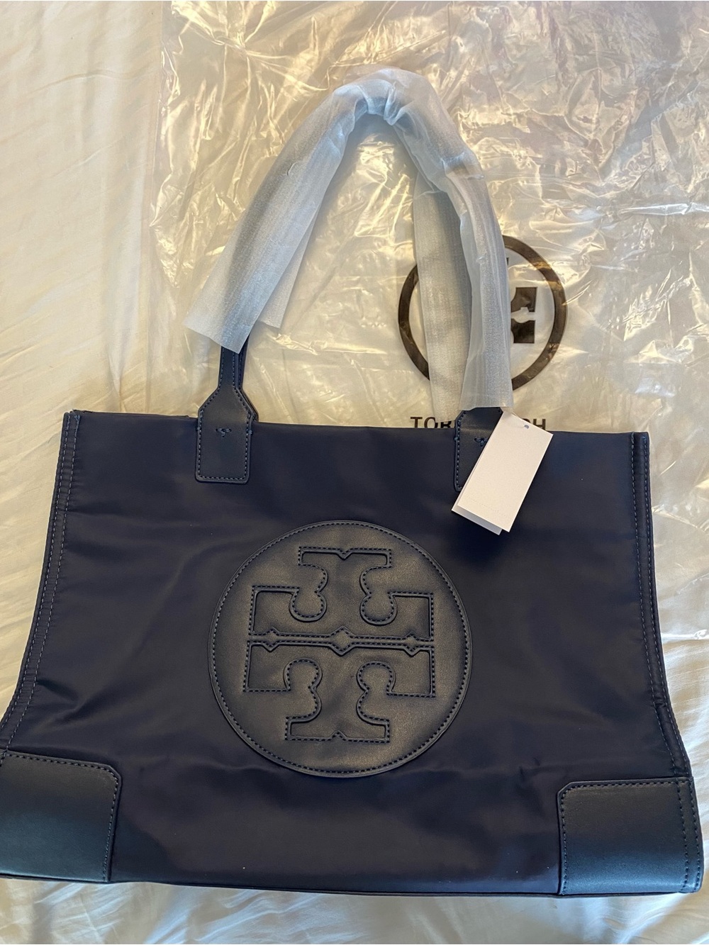 Tory Burch Navy Logo Tote with Leather Medallion - Picture 5 of 12